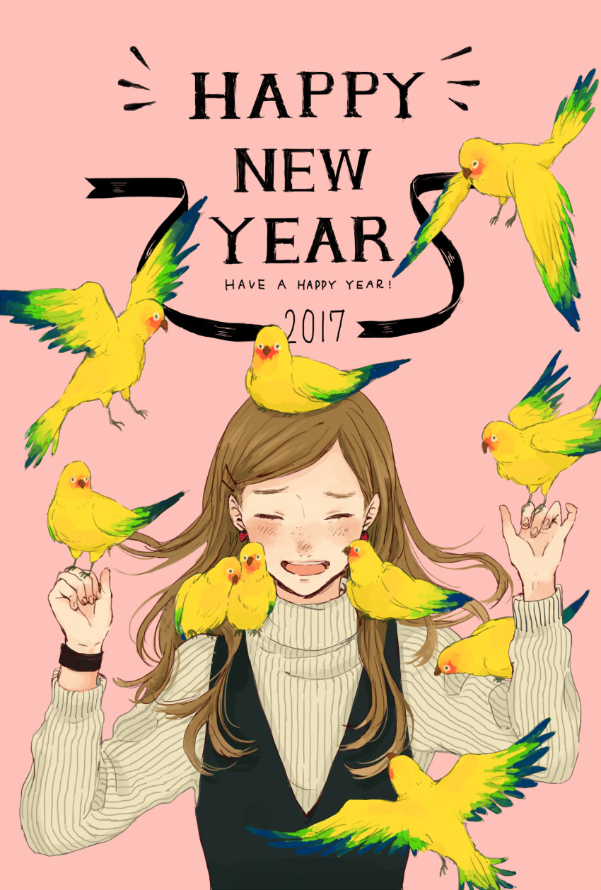 2017 bangs bird blush brown_hair closed_eyes commentary_request earrings food_themed_earrings happy_new_year highres hinao_(flowerrabbit2348) jewelry long_hair long_sleeves nengajou new_year open_mouth original parted_bangs pink_background ribbed_sweater simple_background strawberry_earrings sweater upper_body