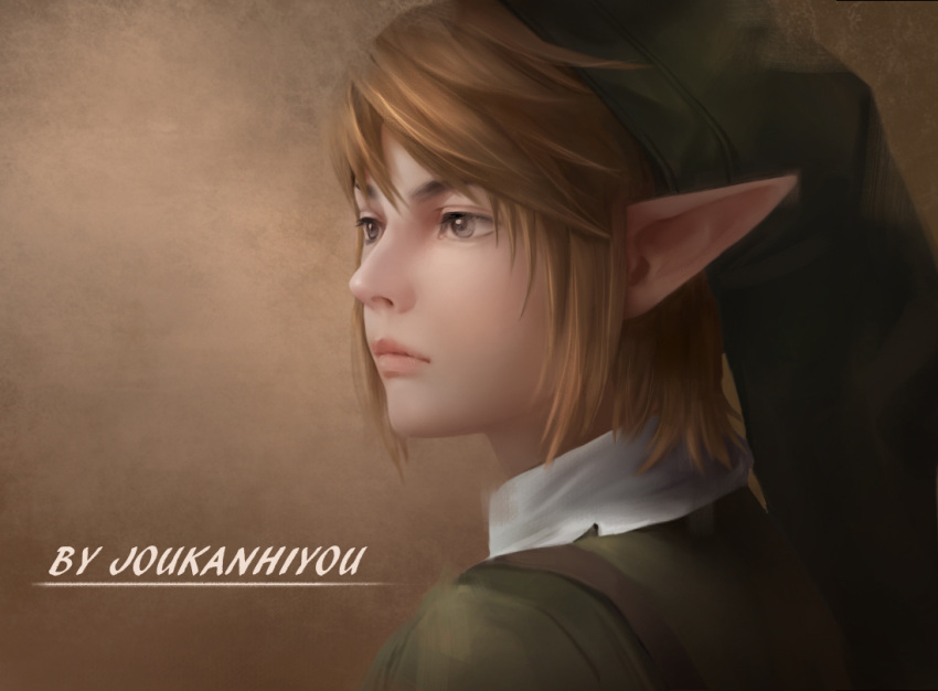 1boy artist_name blonde_hair grey_eyes link looking_to_the_side male_focus pointy_ears realistic shangguan_feiying the_legend_of_zelda tunic
