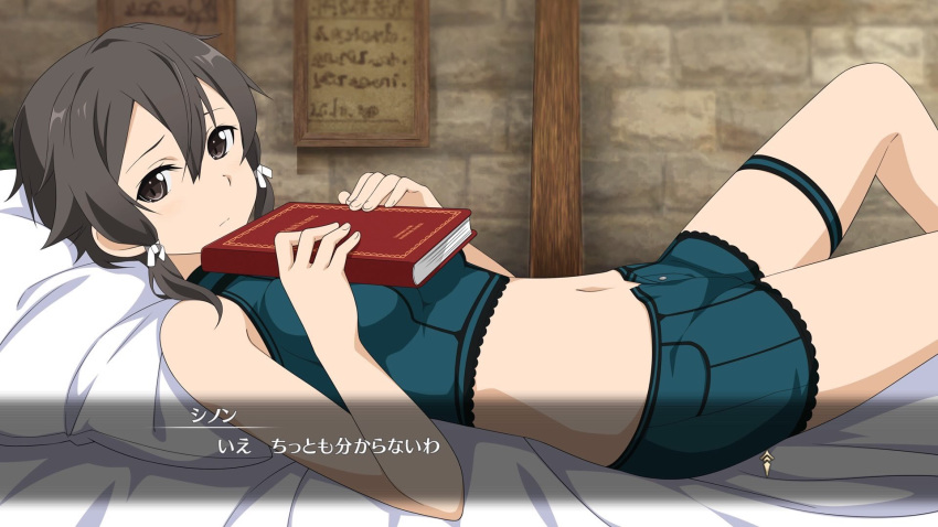 1girl bed_sheet black_eyes black_hair blue_shorts book crop_top from_side game_cg hair_ribbon highres holding holding_book indoors looking_at_viewer lying midriff navel official_art on_back pillow ribbon shinon_(sao:hf) short_hair_with_long_locks short_shorts shorts sidelocks sleeveless solo sword_art_online thigh_strap white_ribbon