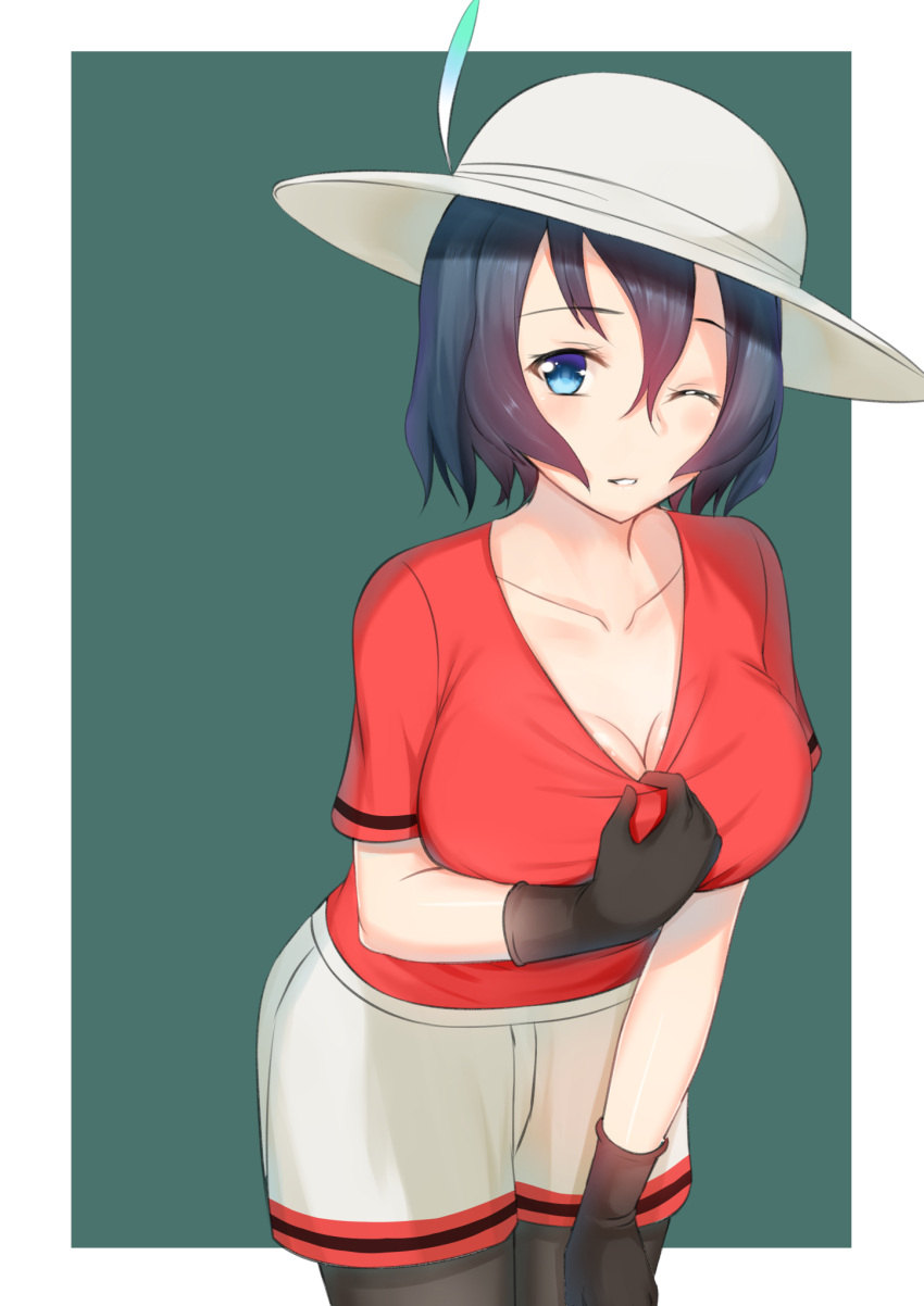 1girl bangs black_gloves black_hair black_legwear blue_eyes blush breasts cleavage collarbone cowboy_shot gloves hair_between_eyes hat hat_feather highres kaban kaname_(melaninusa09) kemono_friends large_breasts leaning_forward light_smile looking_at_viewer one_eye_closed pantyhose parted_lips red_shirt shirt shirt_pull short_hair short_sleeves shorts solo white_hat white_shorts