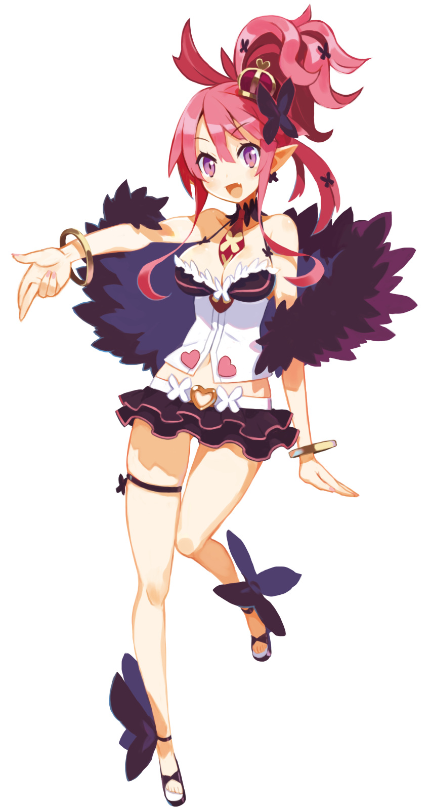 1girl :d absurdres bracelet breasts cleavage crown disgaea feather_boa full_body harada_takehito highres jewelry large_breasts makai_senki_disgaea_5 miniskirt necktie official_art open_mouth pink_hair pointy_ears ponytail sandals seraphina_(disgaea) shoes short_hair skirt smile solo standing standing_on_one_leg transparent_background violet_eyes