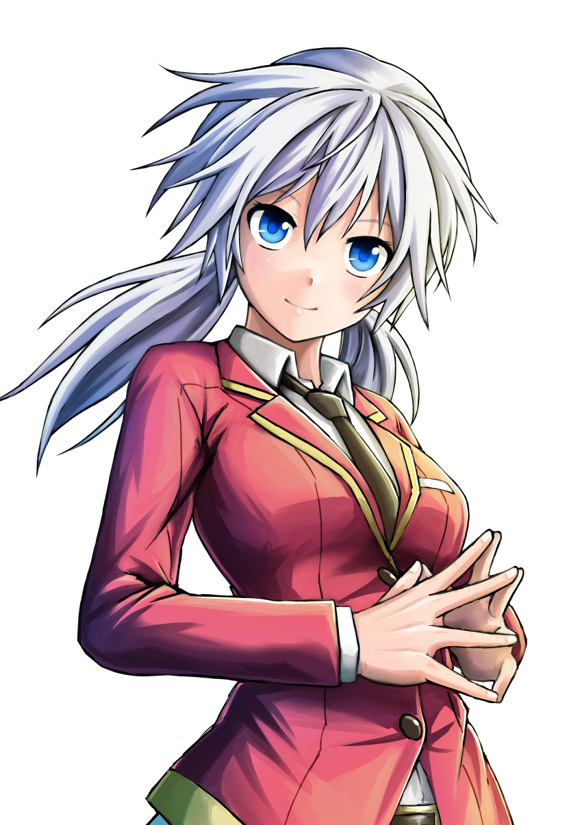 1girl absurdres black_necktie blue_eyes blush breasts eyebrows_visible_through_hair funami_dingo hands_together highres large_breasts looking_at_viewer medium_hair necktie original school_uniform silver_hair smile solo twintails
