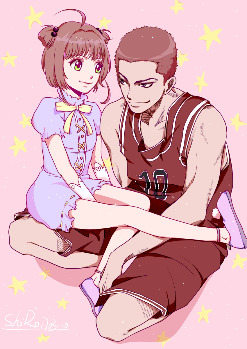 1boy 1girl absurdres artist_request basketball_uniform brown_hair card_captor_sakura crossover dress full_body gakuran green_eyes highres kinomoto_sakura looking_at_another redhead sakuragi_hanamichi school_uniform seiza short_twintails sitting_on_lap slam_dunk smile sportswear twintails