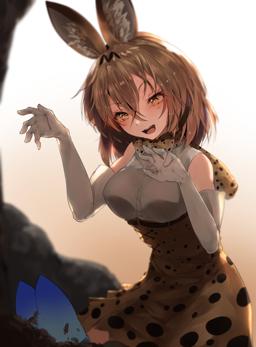 1girl :d absurdres animal_ears bare_shoulders blonde_hair blush bow bowtie elbow_gloves eyelashes gloves highres hplay kemono_friends lucky_beast_(kemono_friends) medium_hair open_mouth serval_(kemono_friends) serval_ears serval_print smile solo yellow_eyes