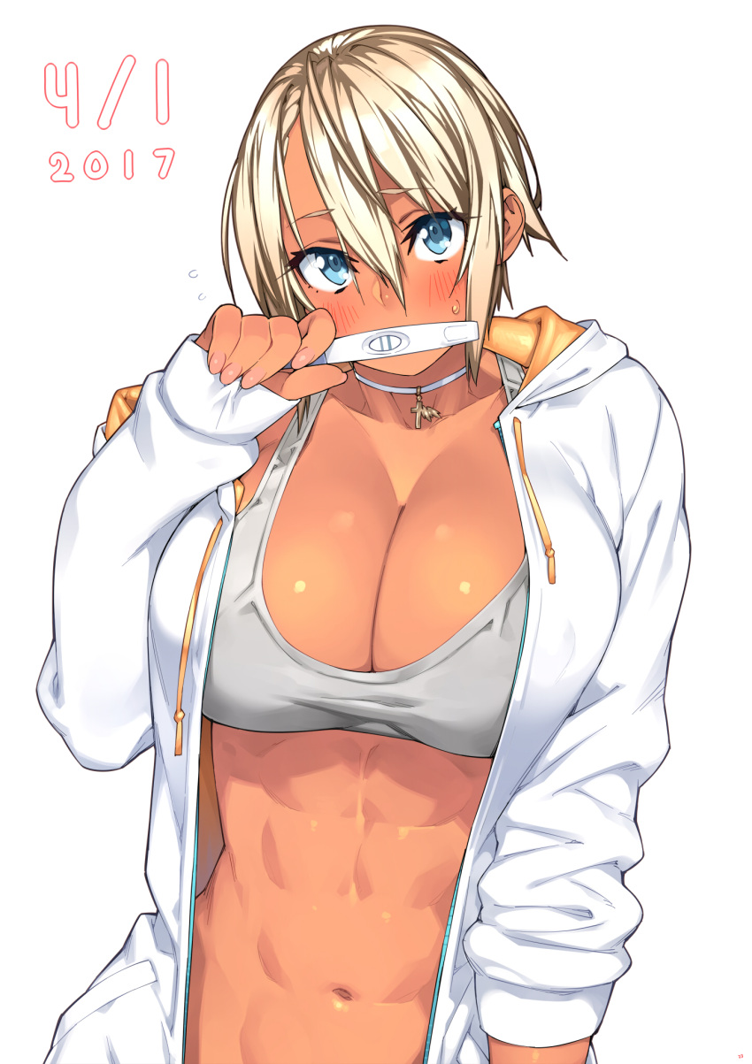 1girl 23_(real_xxiii) abs blonde_hair blush breasts choker dark-skinned_girl_(23) dark_skin highres jacket large_breasts muscle open_clothes open_jacket pregnancy_test short_hair simple_background solo sports_bra toned