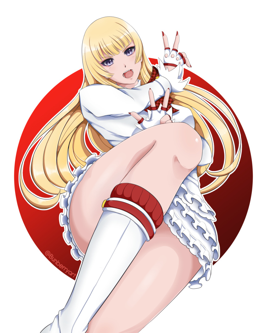 1girl blonde_hair boots bunberryart dress emilie_de_rochefort female fingerless_gloves floating frills gloves gray_eyes hime_cut legs lili_(tekken) long_hair looking_at_viewer mini_skirt nail_polish open_mouth skirt solo tekken violet_eyes