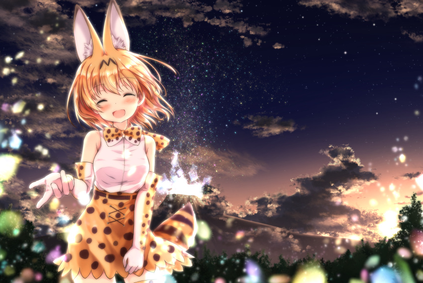 1girl ^_^ absurdres animal_ears bangs blonde_hair blouse blurry blush breasts closed_eyes clouds cloudy_sky depth_of_field elbow_gloves evening eyebrows_visible_through_hair facing_viewer floating_hair gloves hair_between_eyes high-waist_skirt highres kemono_friends medium_breasts night night_sky open_mouth outdoors outstretched_hand serval_(kemono_friends) serval_ears serval_print serval_tail short_hair skirt sky sleeveless smile solo tail thigh-highs uneune white_blouse white_gloves