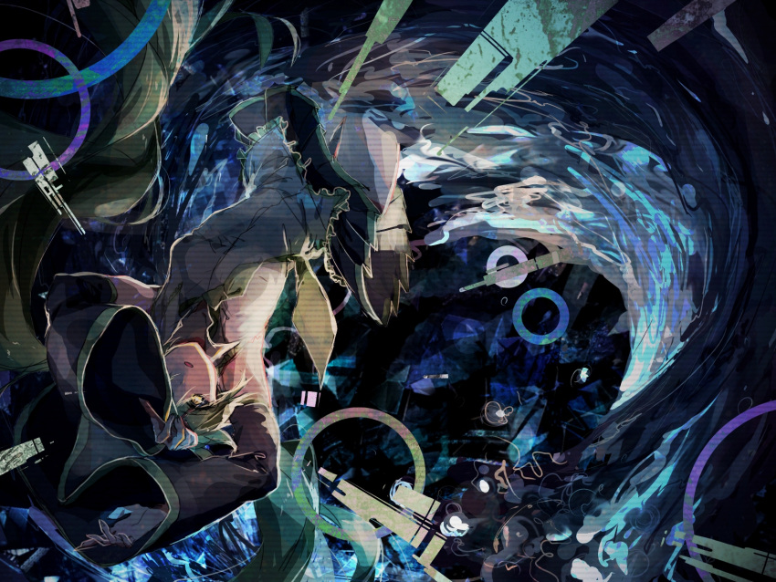 1girl abstract armpits blurry colorful dark detached_sleeves green_hair hatsune_miku highres long_hair looking_at_viewer open_mouth pleated_skirt sketch skirt solo tentsu texture upside-down very_long_hair vocaloid water