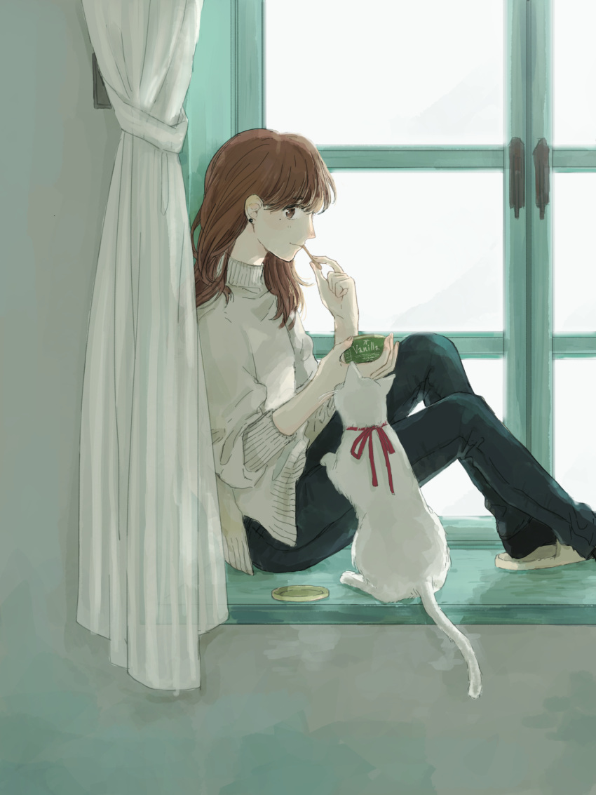 1girl bangs black_legwear brown_hair cat closed_mouth curtains day denim earrings food from_side highres hinao_(flowerrabbit2348) ice_cream jeans jewelry long_hair looking_at_viewer mole mole_under_eye neck_ribbon original pants pet profile red_ribbon ribbon sitting sketch slippers socks sunlight sweater turtleneck turtleneck_sweater white_cat white_sweater window