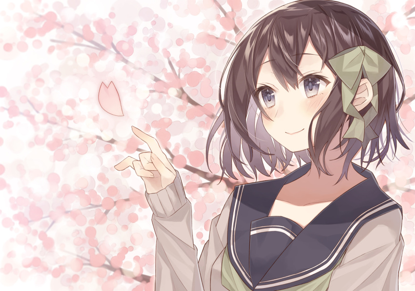 1girl bangs black_hair blue_eyes blush cherry_blossoms closed_mouth collarbone day eyebrows_visible_through_hair hair_between_eyes hands_up highres light_smile looking_to_the_side nagitoki original outdoors petals school_uniform serafuku sleeves_past_wrists smile solo uniform upper_body