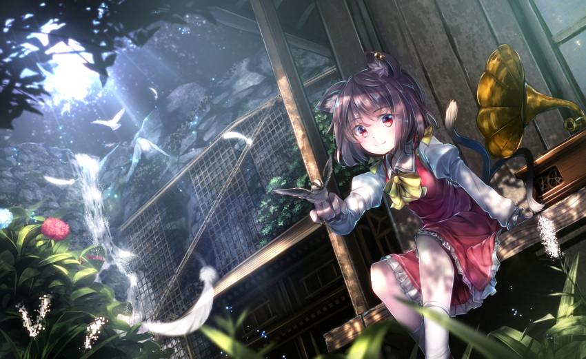 1girl bird bird_on_hand chen commentary day dutch_angle feathers flower grass highres hydrangea light_rays looking_at_viewer multiple_tails phonograph revision ryosios sitting solo sunbeam sunlight tail touhou tree two_tails veranda water waterfall