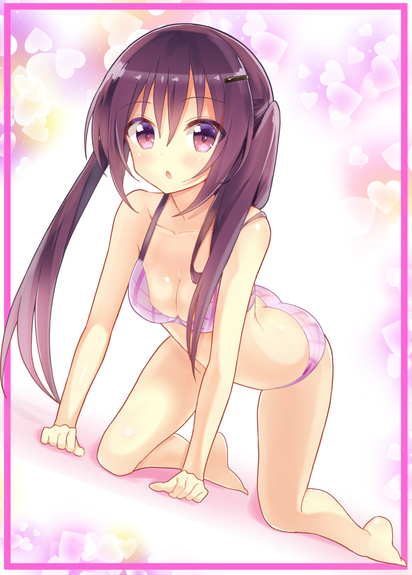 1girl absurdres all_fours ass barefoot bra breasts cleavage collarbone dutch_angle eyebrows_visible_through_hair gochuumon_wa_usagi_desu_ka? hair_between_eyes hair_ornament hairclip heart highres long_hair looking_at_viewer medium_breasts nanakusa_(user_rnpt7322) open_mouth panties pink_bra pink_panties purple_hair shiny shiny_skin solo tedeza_rize twintails underwear underwear_only very_long_hair violet_eyes