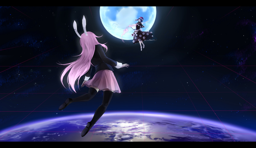 2girls animal_ears black_dress black_legwear blue_hair bobby_socks book capelet dream_soul dress earth euphori_cat flying from_behind grid hat highres letterboxed loafers long_hair long_sleeves looking_at_another moon multiple_girls nebula nightcap no_shoes open_book pink_skirt pleated_skirt pom_pom_(clothes) purple_hair rabbit_ears reisen_udongein_inaba shoes short_hair short_sleeves skirt socks space star_(sky) suit_jacket thigh-highs touhou zettai_ryouiki