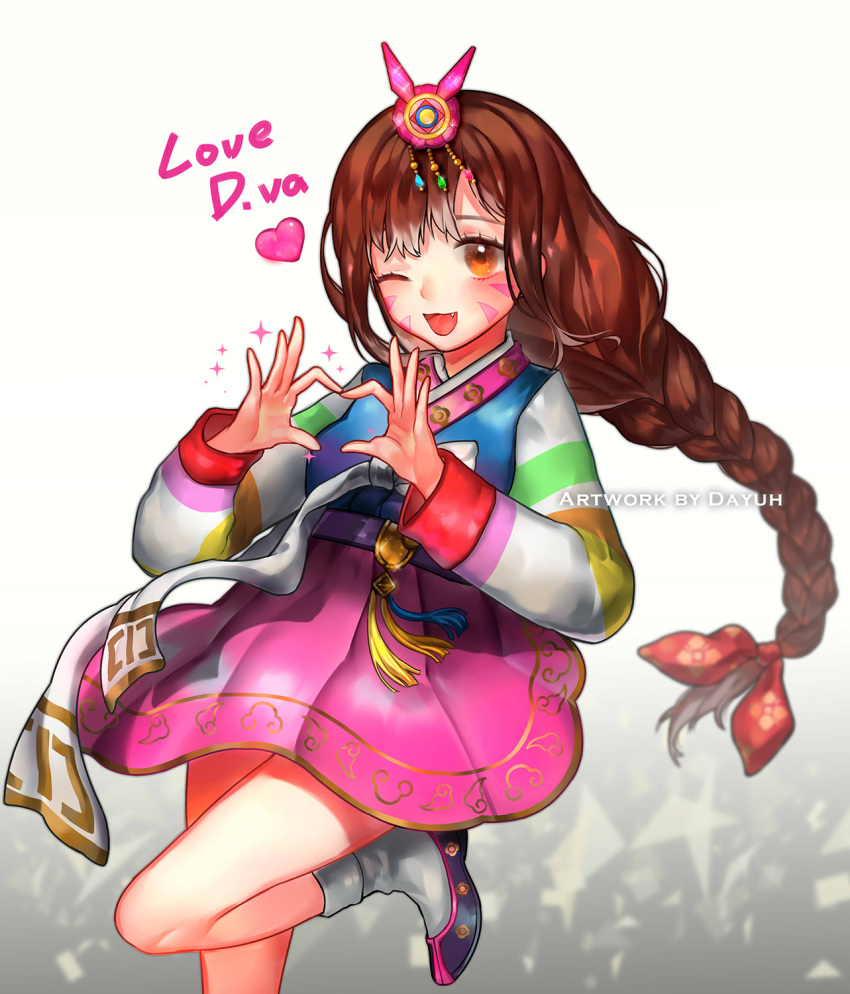 1girl ;d alternate_costume alternate_hairstyle artist_name bag bangs bow braid brown_eyes brown_hair bunny_hair_ornament character_name cowboy_shot d.va_(overwatch) dayuh facepaint facial_mark fang fingernails gradient gradient_background hair_bow hair_ornament hair_ribbon hanbok hands_up heart heart_hands highres korean_clothes leg_up long_hair long_sleeves looking_at_viewer multicolored multicolored_stripes one_eye_closed one_leg_raised open_mouth overwatch palanquin_d.va pink_skirt red_ribbon ribbon shards shoes single_braid skirt smile socks solo sparkle standing standing_on_one_leg striped striped_sleeves tassel tongue very_long_hair whisker_markings white_legwear