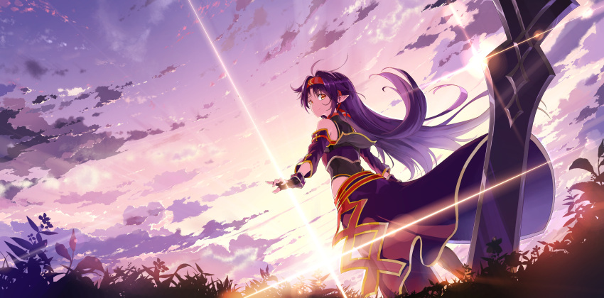 1girl absurdres ahoge clouds detached_sleeves fingerless_gloves from_behind from_below gloves highres hips kyokucho long_hair outstretched_arms planted_weapon pointy_ears purple_hair red_eyes revision sky solo sword sword_art_online waist_cape weapon yellow_eyes yuuki_(sao)