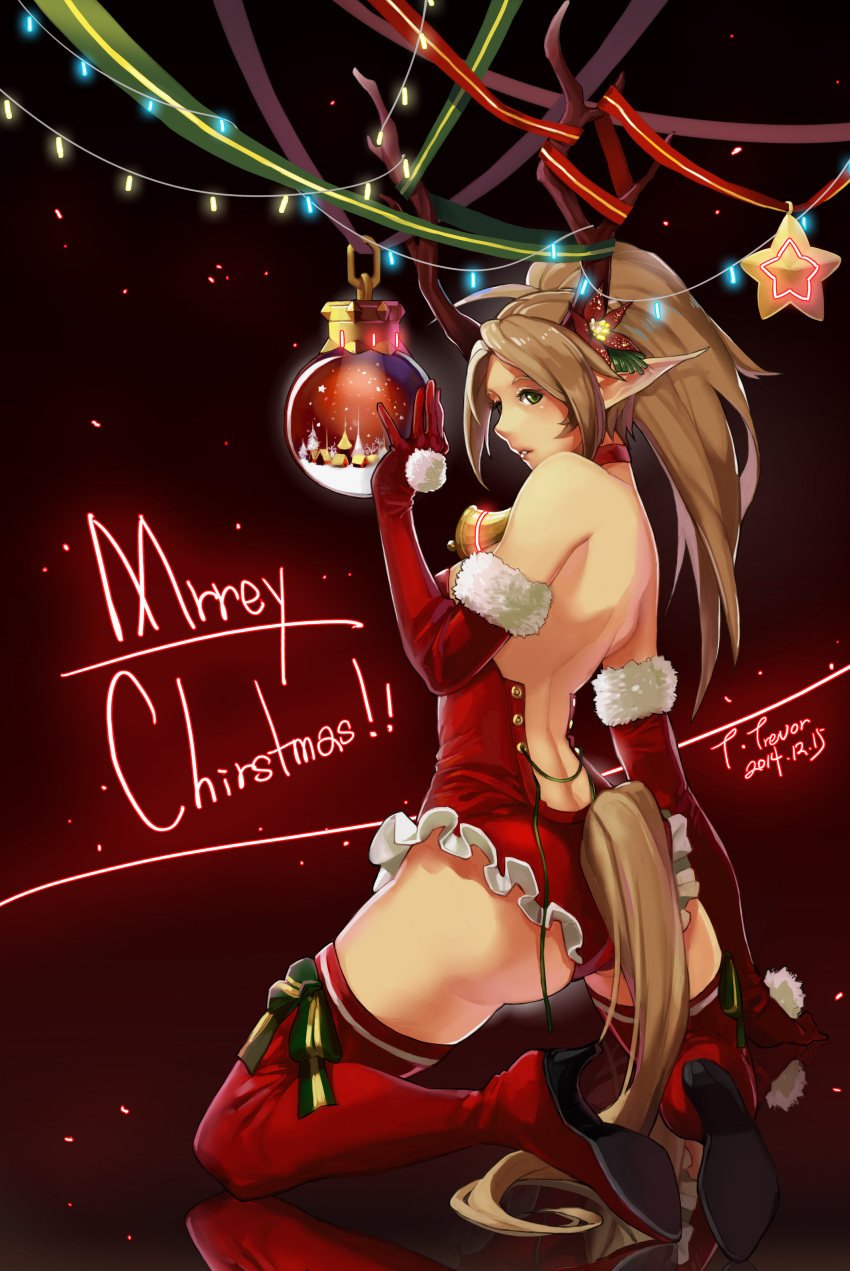 absurdres antlers arm_support ass bare_shoulders bauble bell blonde_hair boots choker christmas elbow_gloves elf eyelashes frills fur_trim gloves green_eyes high_heel_boots high_heels highres kneeling kyouki_no_kimi lips looking_back merry_christmas original parted_lips pointy_ears ponytail reflection shoulder_blades tail thigh-highs thigh_boots