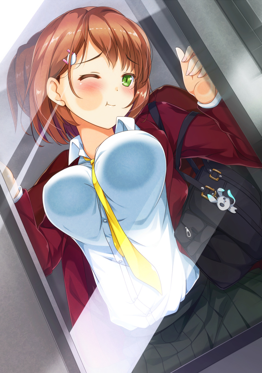 1girl against_glass bag bangs between_breasts black_skirt blazer blush breast_press breasts brown_hair cheek_press closed_mouth dutch_angle eyebrows_visible_through_hair green_eyes hair_ornament hairclip hands_up highres jacket large_breasts looking_at_viewer necktie necktie_between_breasts one_eye_closed open_blazer open_clothes open_jacket original pleated_skirt school_bag school_uniform short_hair shoulder_bag skirt solo train_interior uniform uzuki_hiro