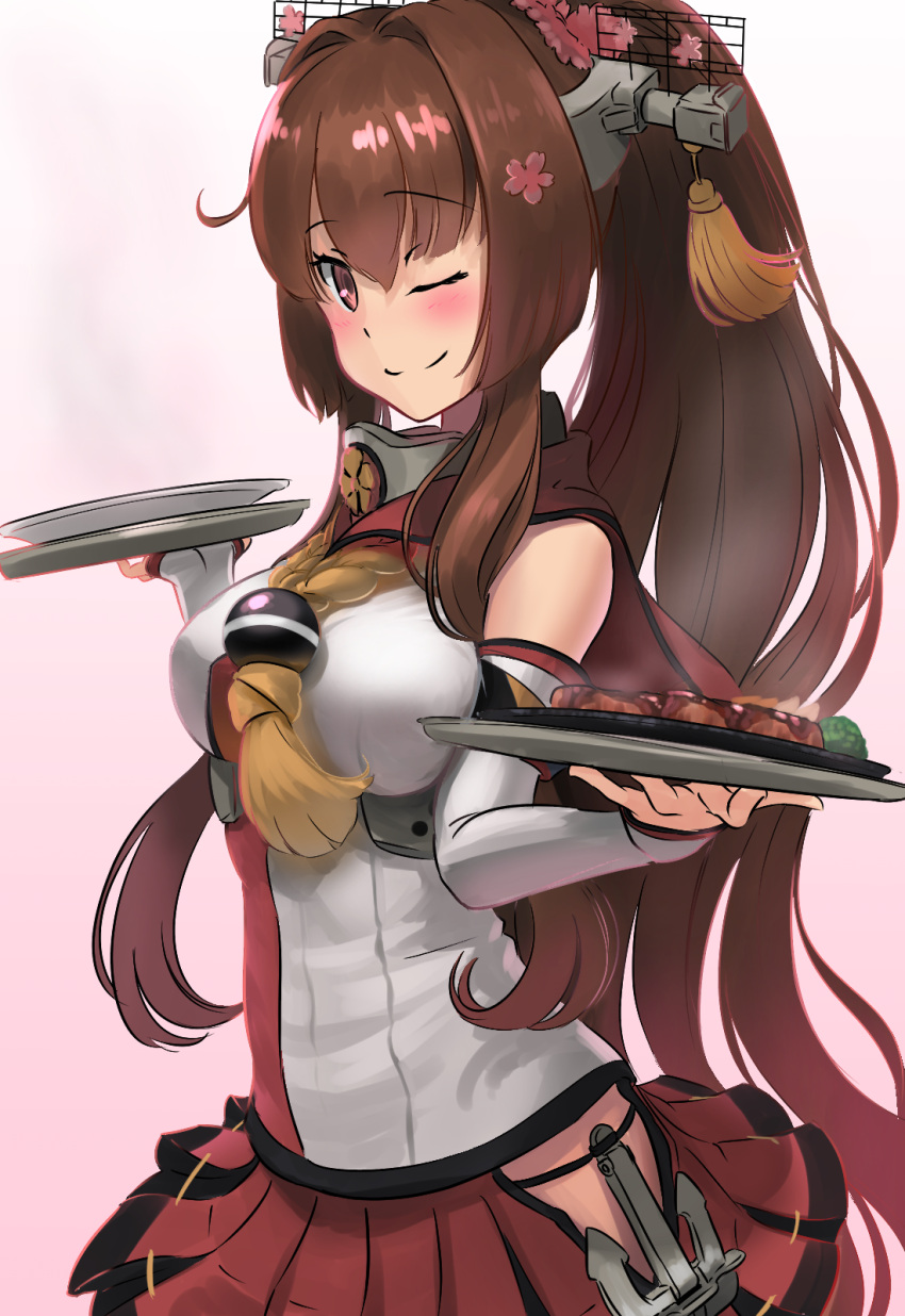 1girl ao_iro bare_shoulders breasts brown_eyes brown_hair detached_sleeves flower food hair_flower hair_ornament highres holding holding_plate kantai_collection large_breasts long_hair miniskirt one_eye_closed pink_background pink_flower plate pleated_skirt ponytail red_skirt skirt smile solo steak very_long_hair yamato_(kantai_collection)