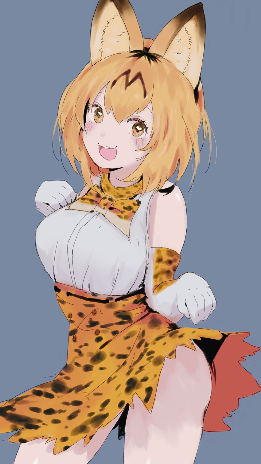 absurdres animal_ears fur_collar gloves highres honi kemono_friends open_mouth serval_(kemono_friends) serval_ears serval_print smile yellow_eyes