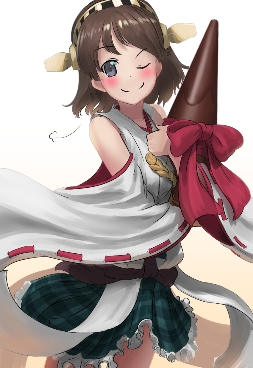 1girl ao_iro blue_eyes brown_hair chocolate detached_sleeves gradient gradient_background green_skirt hairband headgear hiei_(kantai_collection) highres japanese_clothes kantai_collection nontraditional_miko one_eye_closed plaid plaid_skirt ribbon-trimmed_sleeves ribbon_trim short_hair skirt smile solo valentine wide_sleeves yellow_background