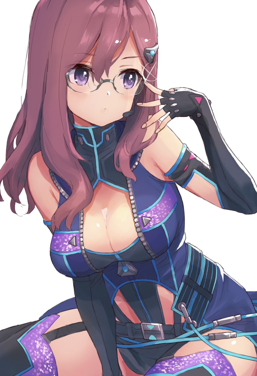 1girl adjusting_glasses bangs black_legwear breasts brown_hair cleavage closed_mouth commentary_request elbow_gloves fingerless_gloves garter_straps glasses gloves hair_between_eyes hair_ornament hand_up highres idolmaster idolmaster_cinderella_girls large_breasts long_hair looking_to_the_side science_fiction semi-rimless_glasses simple_background sitting solo tetsujin_momoko thigh-highs violet_eyes white_background yagami_makino