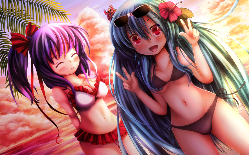 2girls absurdly_long_hair beach bikini black_bikini black_bikini_bottom black_bikini_top blue_hair blush bow breasts cleavage closed_eyes double_v flower hair_bow hair_flower hair_ornament highres hinanawi_tenshi large_breasts long_hair looking_at_another looking_at_viewer multiple_girls nagae_iku navel open_mouth ponytail red_bow red_eyes smile swimsuit t.m_(aqua6233) touhou v very_long_hair white_bikini white_bikini_bottom white_bikini_top