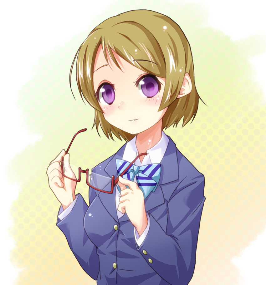 1girl blue_bow blush bow brown_hair glasses glasses_removed highres koizumi_hanayo long_sleeves love_live! love_live!_school_idol_project miiyon open_mouth school_uniform short_hair smile solo violet_eyes