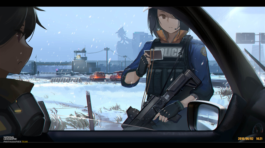 1boy 1girl :&lt; absurdres barrier black_gloves black_hair brown_eyes bulletproof_vest car_interior card commentary_request dated doitsu_no_kagaku driving fingerless_gloves gate gloves grey_sky gun headset highres holding holding_card holding_gun holding_weapon id_card lanyard national_geographic original outdoors police police_uniform short_hair silhouette snow snowing tower trigger_discipline uniform watch_tower weapon weapon_request wire_fence