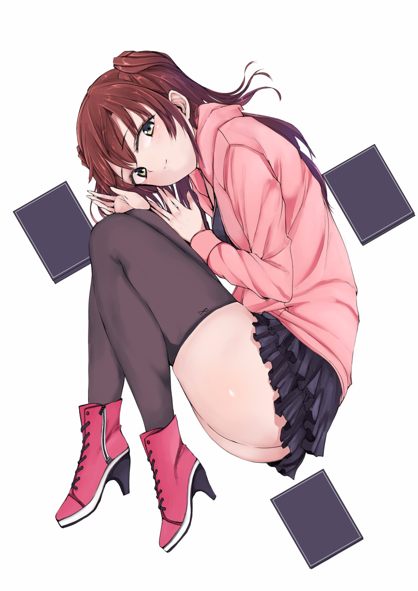 1girl absurdres artist_request black_legwear black_skirt brown_hair from_above green_eyes high_heels highres jacket layered_skirt long_hair looking_at_viewer lying on_side open_clothes open_jacket original pink_jacket simple_background skirt smile solo thigh-highs white_background
