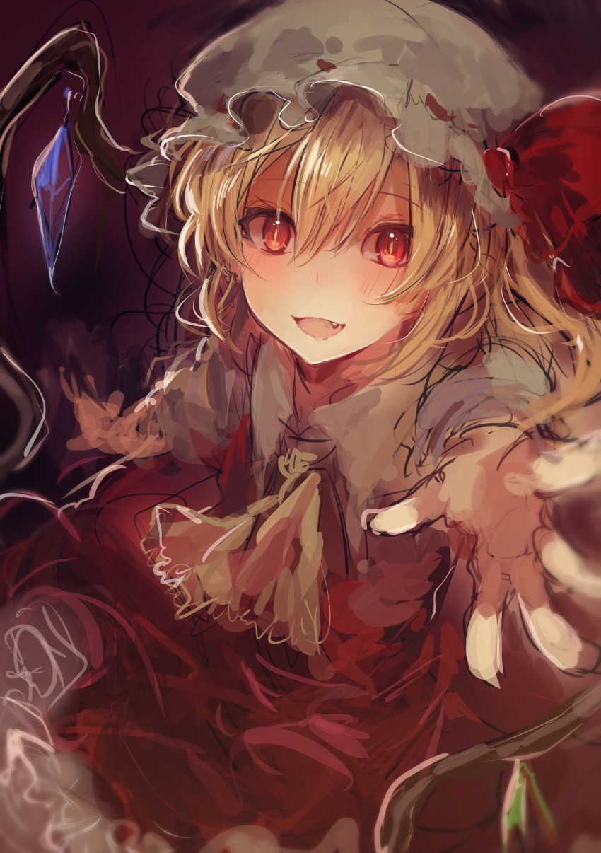 1girl absurdres bangs blonde_hair blush dress eyebrows_visible_through_hair fang flandre_scarlet hair_between_eyes hat highres looking_at_viewer mob_cap open_mouth outstretched_arm red_dress sketch smile solo tanuma_(tyny) touhou wings