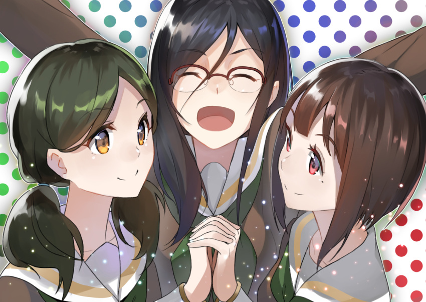 3girls ^_^ bangs black_hair brown-framed_eyewear closed_eyes closed_mouth facing_viewer fuotchan glasses green_hair hibike!_euphonium interlocked_fingers looking_at_another mole mole_under_eye multiple_girls nakaseko_kaori ogasawara_haruka open_mouth over-rim_glasses polka_dot polka_dot_background red_eyes school_uniform semi-rimless_glasses serafuku short_hair_with_long_locks sidelocks smile tanaka_asuka twintails upper_body yellow_eyes