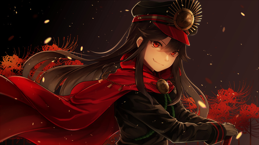 1girl bangs black_gloves black_hair cape demon_archer fate_(series) floating_hair flower gloves grin hair_between_eyes hat koha-ace koruta_(nekoimo) long_hair looking_at_viewer military military_hat military_uniform parted_lips peaked_cap planted_sword planted_weapon red_eyes smile solo spider_lily swept_bangs sword teeth uniform upper_body weapon