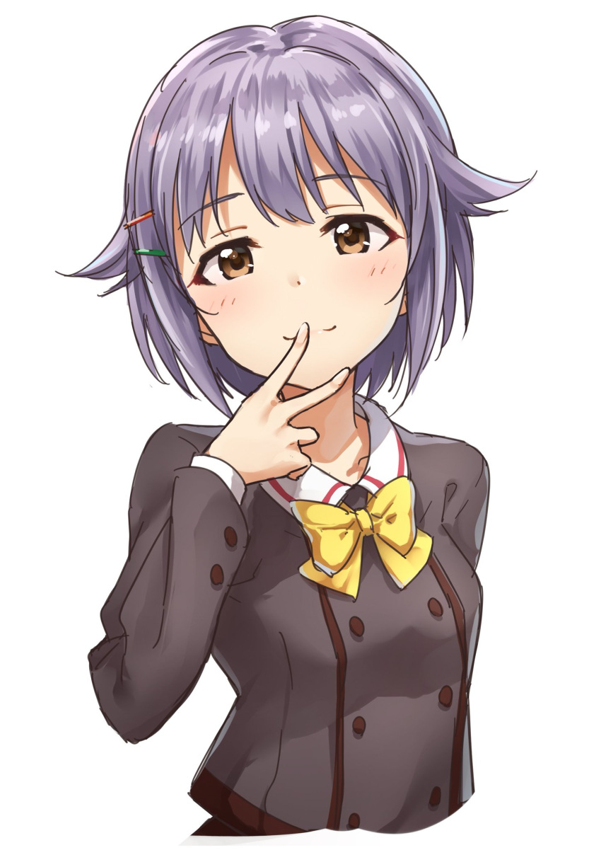 1girl blush bow bowtie brown_eyes buttons collar downscaled fingers_to_mouth hair_flaps hair_ornament hairclip highres idolmaster idolmaster_cinderella_girls koshimizu_sachiko lavender_hair long_sleeves looking_at_viewer md5_mismatch resized school_uniform short_hair simple_background smile takeya_y0615 white_background yellow_bow