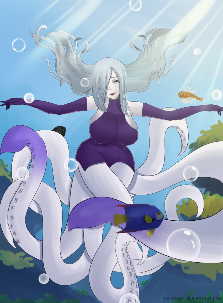 background breasts falkeart fish hair_over_one_eye highres kraken monster_girl ocean octopus original tentacle underwater violet_eyes white_hair