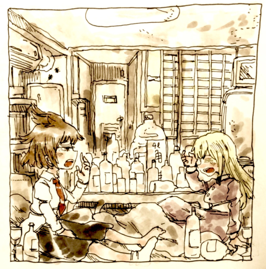 2girls air_conditioner alcohol bed_sheet black_skirt blonde_hair bookshelf bottle breasts door dress drink hangover highres huge_breasts indoors lamp long_hair maribel_hearn medium_breasts messy_hair morinokirin multiple_girls necktie purple_dress shirt short_hair single_sock skirt sleepy socks table touhou usami_renko waking_up white_shirt yawning