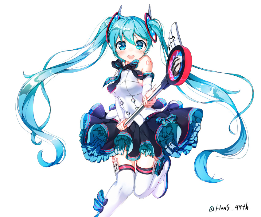 1girl absurdres aqua_eyes aqua_hair boots bow bowtie detached_sleeves hatsune_miku highres long_hair looking_at_viewer magical_mirai_(vocaloid) musical_note open_mouth shiny shiny_hair simple_background solo thigh-highs thigh_boots twintails very_long_hair vocaloid white_background white_legwear