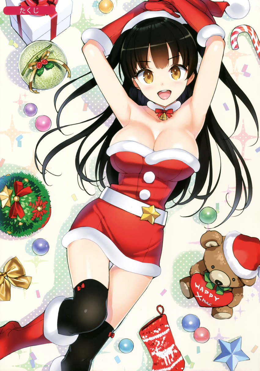 1girl :d absurdres armpits bell bell_choker black_hair black_legwear boots bow box breasts candy candy_cane choker cleavage dress eyebrows_visible_through_hair food fruit fur_trim gift gift_box gloves highres large_breasts looking_at_viewer lying melon melonbooks on_back ootomo_takuji open_mouth red_boots red_dress red_gloves santa_costume scan smile solo strapless strapless_dress stuffed_animal stuffed_toy teddy_bear thigh-highs two_side_up yellow_eyes