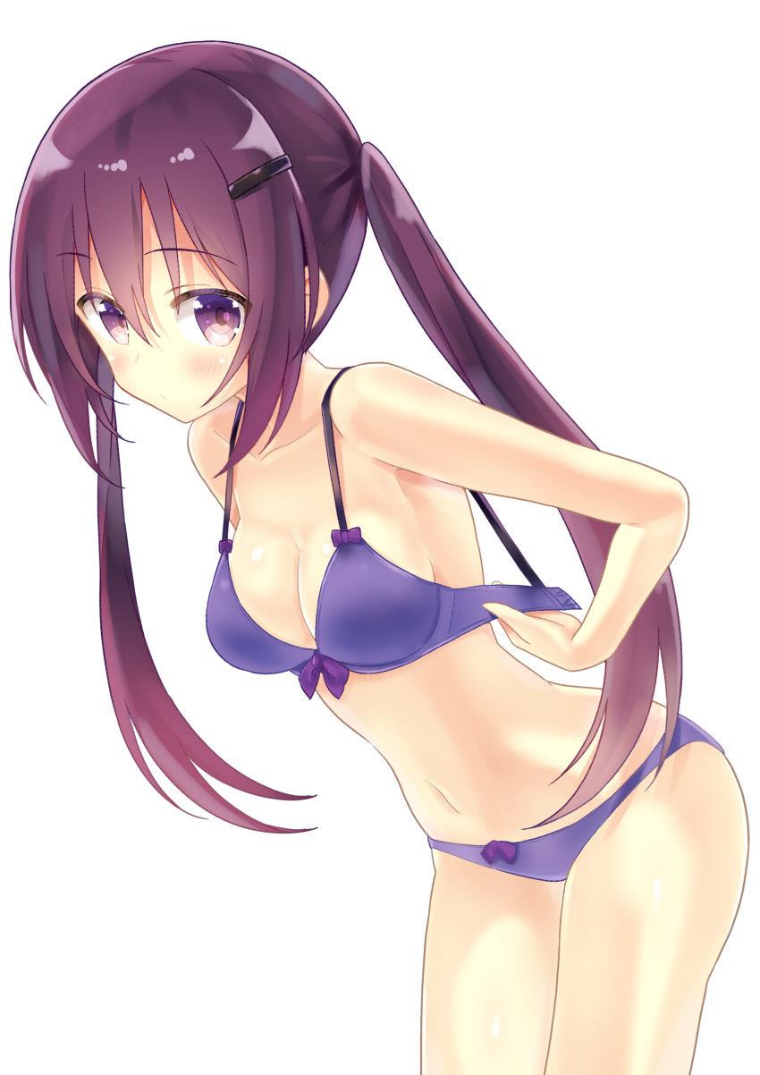 1girl :/ absurdres bra breasts cleavage closed_mouth collarbone eyebrows_visible_through_hair from_side gochuumon_wa_usagi_desu_ka? hair_between_eyes highres leaning_forward long_hair looking_at_viewer medium_breasts nanakusa_(user_rnpt7322) navel panties purple_bra purple_hair purple_panties simple_background solo strap_gap tedeza_rize twintails underwear undressing very_long_hair violet_eyes
