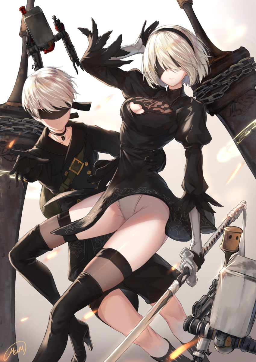 1boy 1girl artist_name ato_(haru_ato) back_cutout black_coat black_dress black_hairband blindfold boots breasts cleavage_cutout covered_eyes dress feather-trimmed_sleeves gloves hairband hand_on_another's_hip high_heel_boots high_heels highres holding holding_sword holding_weapon juliet_sleeves large_breasts leotard lips long_sleeves mole mole_under_mouth nier_(series) nier_automata outstretched_hand puffy_sleeves short_hair signature silver_hair skindentation sword thigh-highs thigh_boots thighhighs_under_boots weapon weapon_on_back white_leotard yorha_no._2_type_b yorha_no._9_type_s