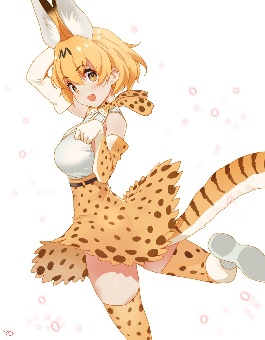 1girl :d animal_ears animal_print artist_name bangs bare_shoulders blonde_hair bow bowtie breasts brown_dress brown_gloves cowboy_shot dress elbow_gloves eyebrows_visible_through_hair gloves hair_between_eyes hands_up high-waist_skirt highres kemono_friends leg_up legs_apart light_particles looking_at_viewer medium_breasts one_leg_raised open_mouth paw_pose serval_(kemono_friends) serval_ears serval_print serval_tail shirt short_dress short_hair simple_background skirt sleeveless sleeveless_shirt smile solo standing standing_on_one_leg tail thigh-highs white_background white_gloves white_shirt yang-do yellow_eyes