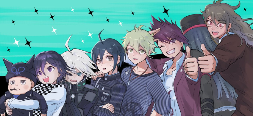 6+boys ahoge amami_rantarou aro_ro22dr black_hair black_hat blue_shirt brown_jacket checkered_scarf collared_shirt dangan_ronpa dark_skin earrings facial_hair frown glasses goatee gokuhara_gonta grin hat hoshi_ryouma hug hug_from_behind jacket jewelry keebo leather leather_jacket long_hair long_sleeves looking_back momota_kaito mouth_hold multiple_boys necklace new_dangan_ronpa_v3 one_eye_closed open_mouth ouma_kokichi power_suit purple_hair purple_jacket red_eyes saihara_shuuichi scarf school_uniform shinguuji_korekiyo shirt short_hair smile striped striped_jacket striped_shirt sweatdrop thumbs_up white_hair white_jacket white_shirt