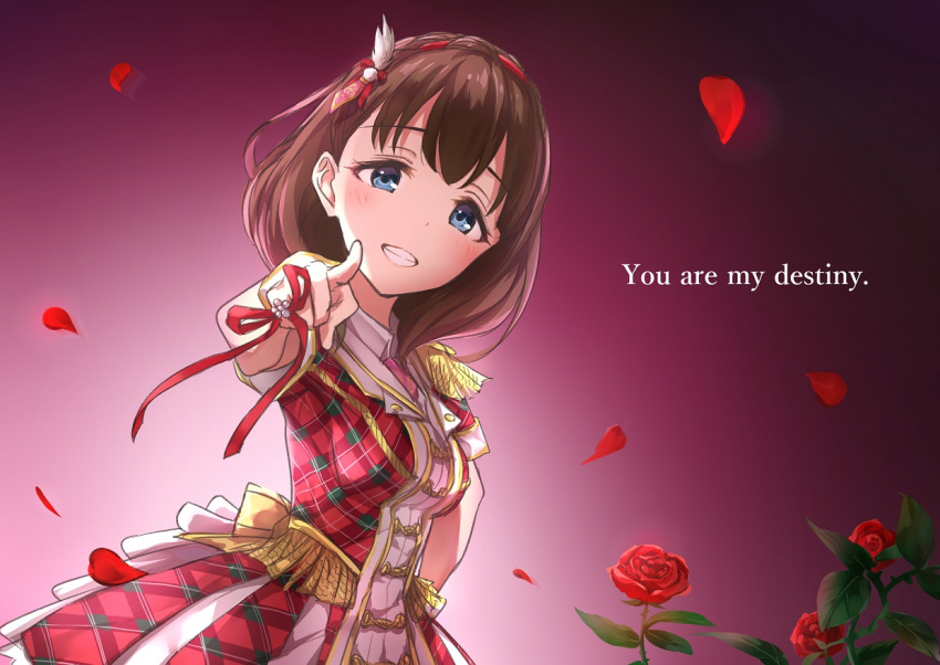 1girl across_the_stars blue_eyes blush brown_hair commentary_request dress epaulettes feathers flower gloves hair_feathers hair_ornament hairband hand_on_hip idolmaster idolmaster_cinderella_girls idolmaster_cinderella_girls_starlight_stage looking_at_viewer petals plaid plaid_dress pointing ribbon rose rose_petals sakuma_mayu short_hair short_sleeves smile solo takeya_y0615