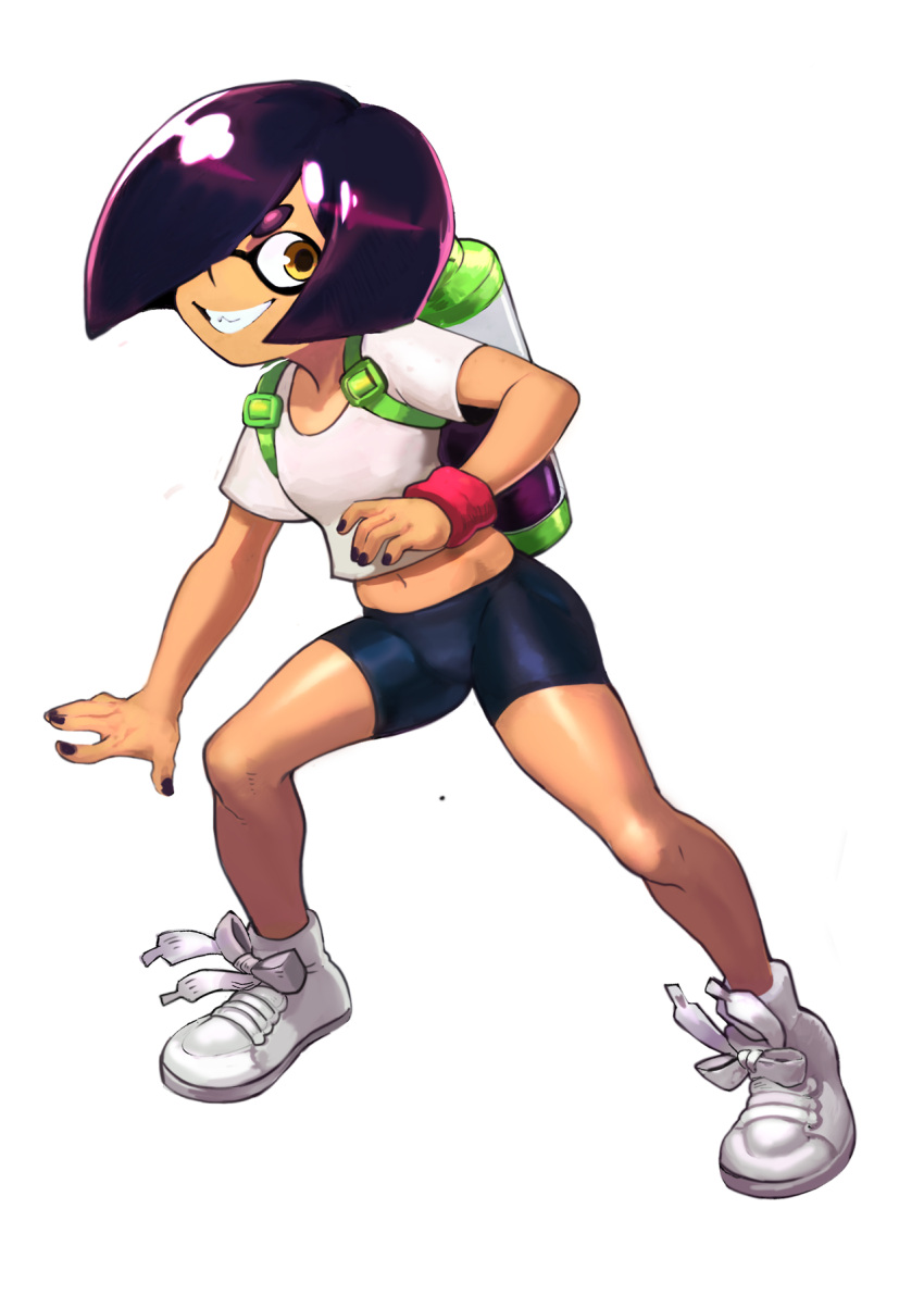 1girl bike_shorts black_nails bob_cut breasts colo_(nagrolaz) grin highres ink_tank_(splatoon) inkling midriff nail_polish navel one_eye_covered shirt shoes simple_background small_breasts smile sneakers splatoon thick_eyebrows white_background white_shirt wristband yellow_eyes