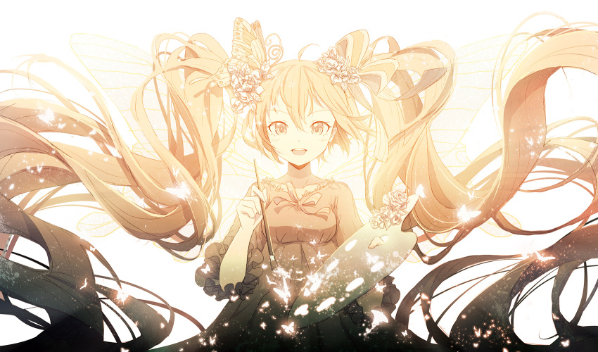 1girl backlighting butterfly butterfly_on_head butterfly_wings hair_ornament hair_ribbon hatsune_miku highres lengchan_(fu626878068) light_particles long_hair looking_at_viewer open_mouth paintbrush palette ribbon smile underbust very_long_hair vocaloid wings yellow