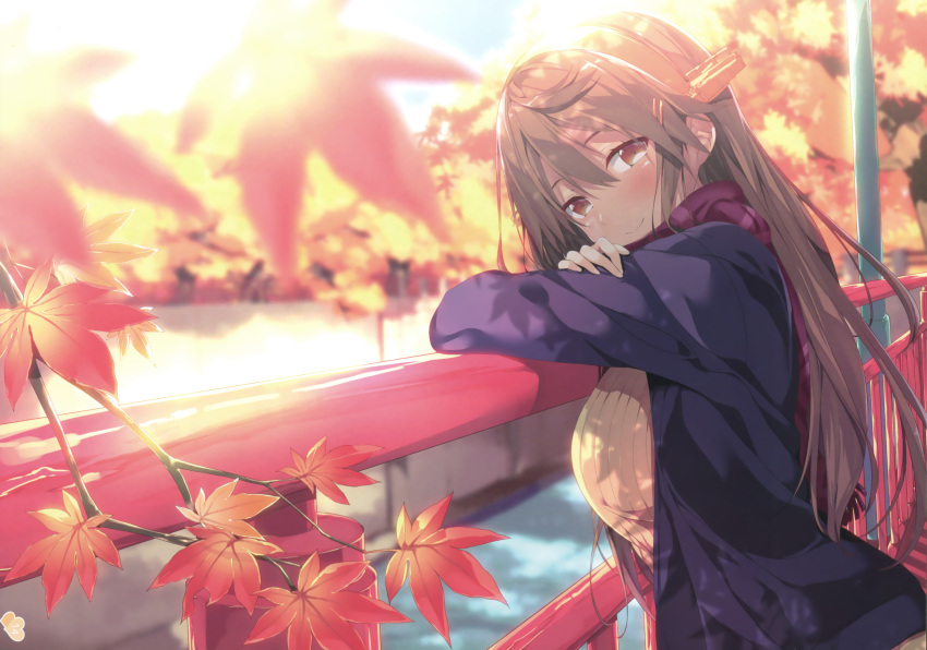 1girl absurdres against_railing autumn autumn_leaves bangs black_coat blush breasts brown_eyes brown_hair canal coat crossed_arms from_side gintarou_(kurousagi108) hair_between_eyes hair_ornament hairclip haruna_(kantai_collection) head_rest head_tilt headgear highres kantai_collection leaf long_hair long_sleeves looking_at_viewer maple_leaf nature open_clothes open_coat outdoors railing red_scarf ribbed_sweater scan scarf smile solo sunlight sunset sweater tree tree_branch turtleneck upper_body water