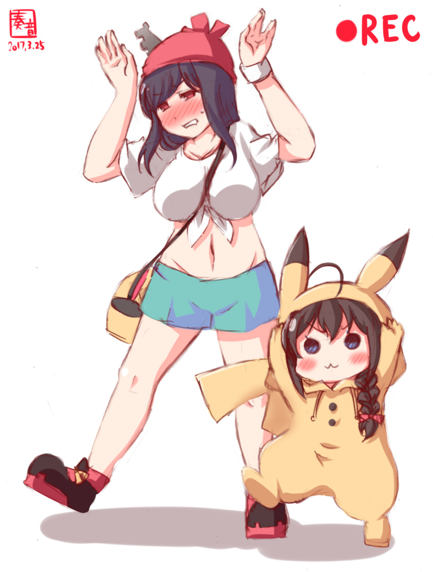 2017 2girls ahoge alternate_costume arms_up bag between_breasts black_hair blush braid breasts commentary_request cosplay costume dated embarrassed full_body hair_over_shoulder headgear highres kanon_(kurogane_knights) kantai_collection large_breasts long_hair looking_at_viewer multiple_girls navel pikachu pikachu_(cosplay) pokemon red_eyes shigure_(kantai_collection) short_hair signature single_braid smile standing strap_cleavage yamashiro_(kantai_collection)