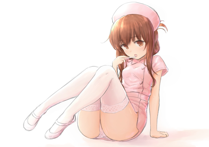 1girl alternate_costume arm_support ass brown_eyes brown_hair folded_ponytail hat inazuma_(kantai_collection) kantai_collection long_hair looking_at_viewer nurse nurse_cap open_mouth panties pantyshot short_sleeves sidelocks sitting thermometer thighs tongue tongue_out underwear wamu_(chartreuse) white_legwear