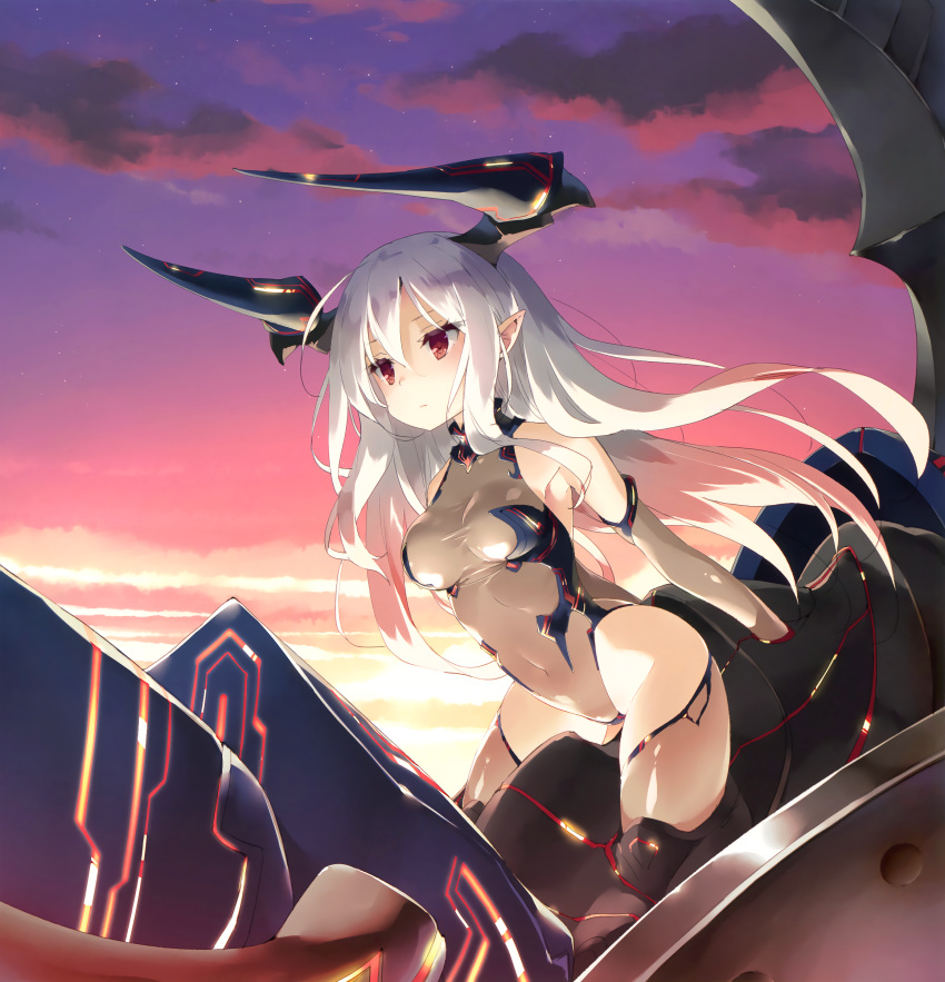 1girl absurdres armpits bare_shoulders breasts cleavage closed_mouth clouds colo_mag-chan colossus_(granblue_fantasy) covered_navel cropped doraf elbow_gloves expressionless gloves gluteal_fold granblue_fantasy hair_between_eyes halterneck highleg highleg_leotard highres horns leaning_forward leotard long_hair medium_breasts outdoors peko pilot_suit piloting pointy_ears red_eyes riding scan shiny shiny_clothes skin_tight sky solo star_(sky) starry_sky sunset thigh-highs turtleneck very_long_hair white_hair