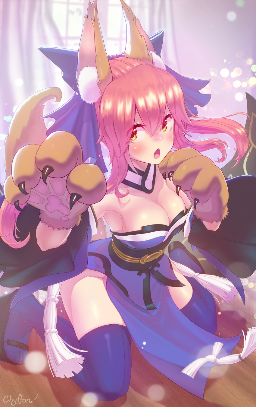 1girl absurdres animal_ears bikini blue_bikini blue_legwear blush bow breasts chyffon cleavage cosplay detached_sleeves fang fate/extra fate/grand_order fate_(series) fox_ears fox_tail hair_bow hair_ribbon highres japanese_clothes kneeling looking_at_viewer open_mouth paws pink_hair ribbon solo swimsuit tail tamamo_(fate)_(all) tamamo_cat_(fate) tamamo_cat_(fate)_(cosplay) tamamo_no_mae_(fate) yellow_eyes