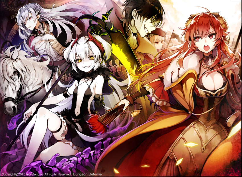 1boy 4girls arm_strap ascot bags_under_eyes bangs banner barbatos_(dungeon_defense) beret black_dress black_hair black_nails blonde_hair braid breasts brown_eyes cape cleavage clouds cloudy_sky coat cocorip copyright copyright_name dantalian_(dungeon_defense) day detached_sleeve dress dress_shirt dungeon_defense elizabeth_von_habsburg_(dungeon_defense) evil_smile expressionless fan flag folding_fan french_braid fur-trimmed_cape fur-trimmed_dress fur_trim gesugao hat holding holding_fan holding_scythe horn horns horse horseback_riding jitome knee_up large_breasts laura_de_farnese_(dungeon_defense) lavender_hair long_hair looking_at_viewer looking_away multiple_girls nail_polish navel night official_art open_mouth paimon_(dungeon_defense) pale_skin parted_lips red_eyes red_nails redhead riding scythe shaded_face shirt short_hair sidelocks sitting skindentation skull sky small_breasts smile smirk stomach tassel thigh_strap thighs tsurime very_long_hair violet_eyes white_hair white_horse wide_sleeves yellow_eyes